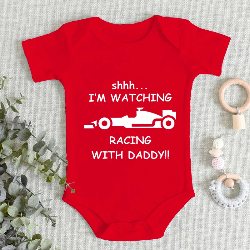 Baby Boy Bodysuits I\'m Watching Racing with Daddy Print Romper Short Sleeve 100% Cotton Funny Racing Pattern Newborn Jumpsuits