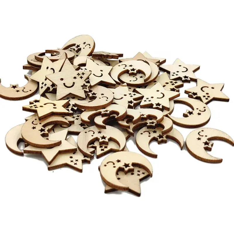 25pcs Star and Moon Shape Wooden Slices Crafts For DIY Scrapbook Home Decor Wooden Ornament