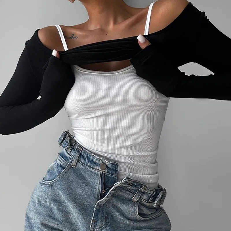 2025 Autumn New Patchwork Stylish Open Top T-Shirt Two-Piece Set Contrast Color Long Sleeve