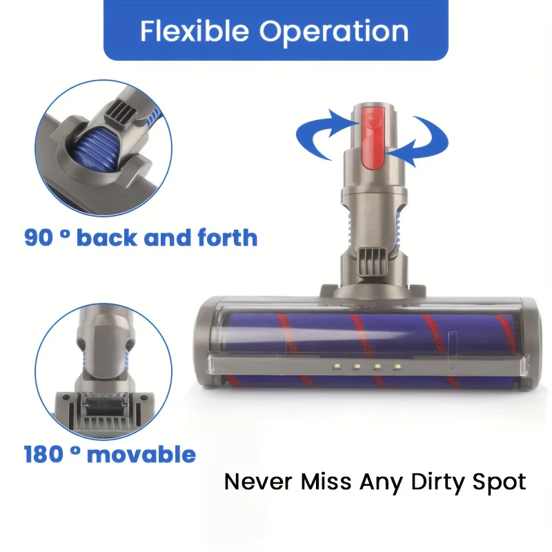 หัวซับพื้นชิ้นส่วนแปรงลูกกลิ้งนุ่มสําหรับเครื่องดูดฝุ่น V7 V8 V10 V11 อุปกรณ์เสริมหมุนได้พร้อมไฟ LED 4 ดวง