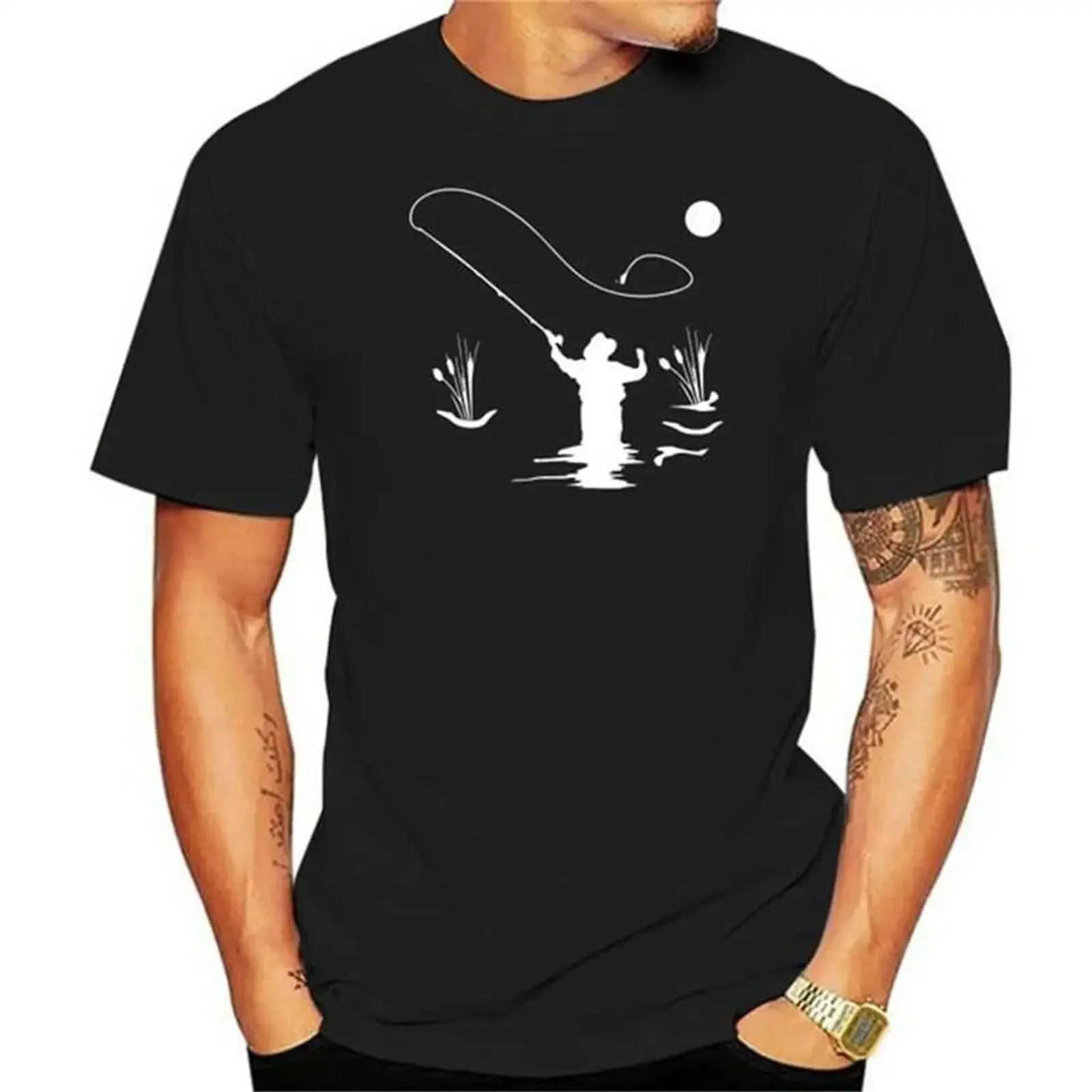 Fishing Fly Fisherman Sun Trout Salmon Steelhead Stream River Mens T Shirt Black vintage Washed Top For Everyday Wear Soft