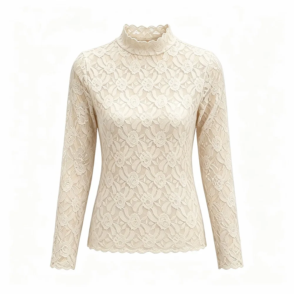 Street Outfit M-3XL Lace Top Mock Neck Long Sleeve Lace Blouse Hollow Out Slim Fit Lace Tee Date Wear