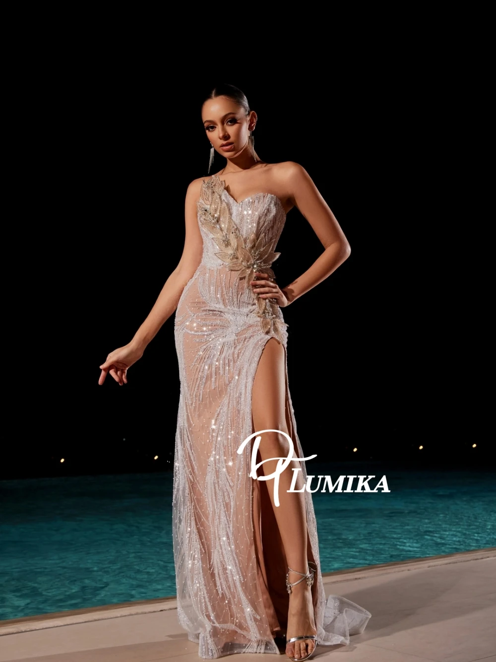 Formal Sparkling Mermaid Evening Dress Unique 3D Leaf Delicate Sexy High Slit Customized Prom Gown For Women Banquet Wear