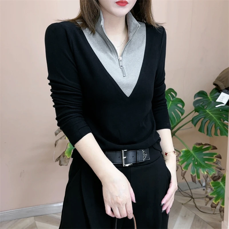 Womens Clothing Autumn Winter Korean Fashion Stand Collar Half Zipper Patchwork T-shirts Female Long Sleeve Slim Thick Warm Tops