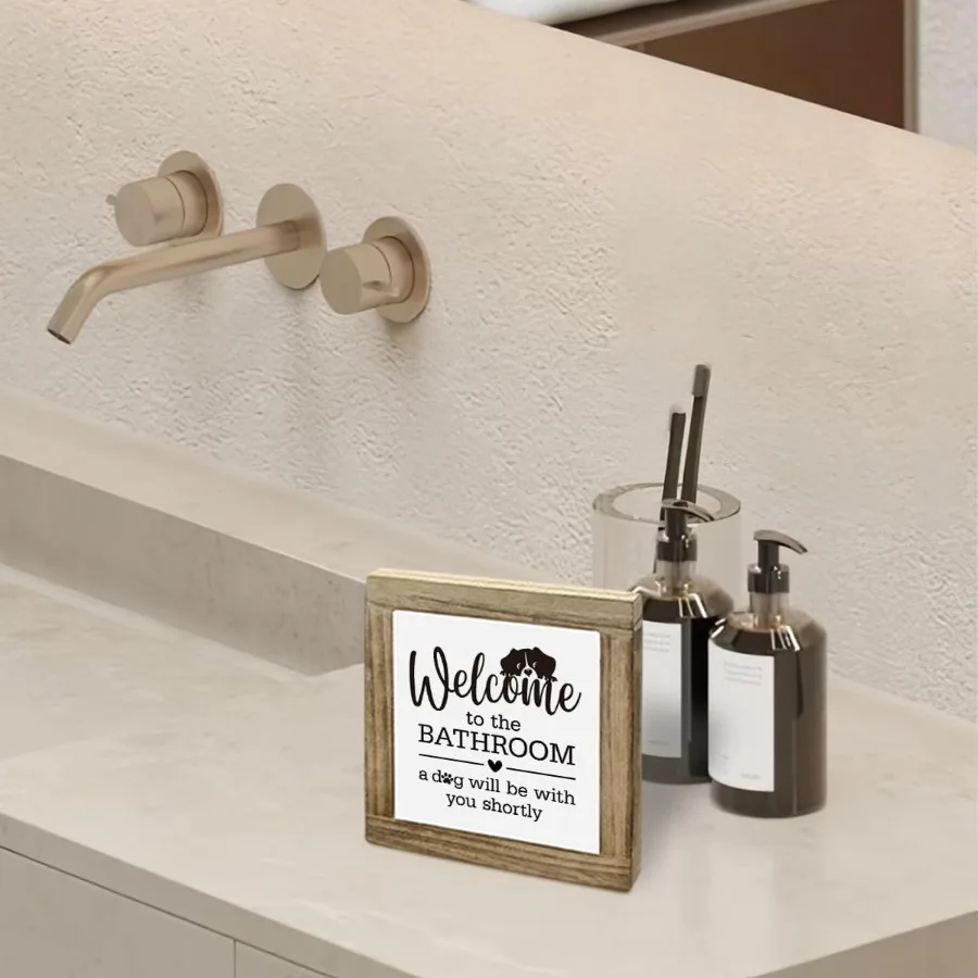 ديكور حمام الكلب، ديكور حمام مضحك، ديكور خشبي مثير للاهتمام للحمام، مرحبًا بكم في الحمامات، كلب سيكون معك