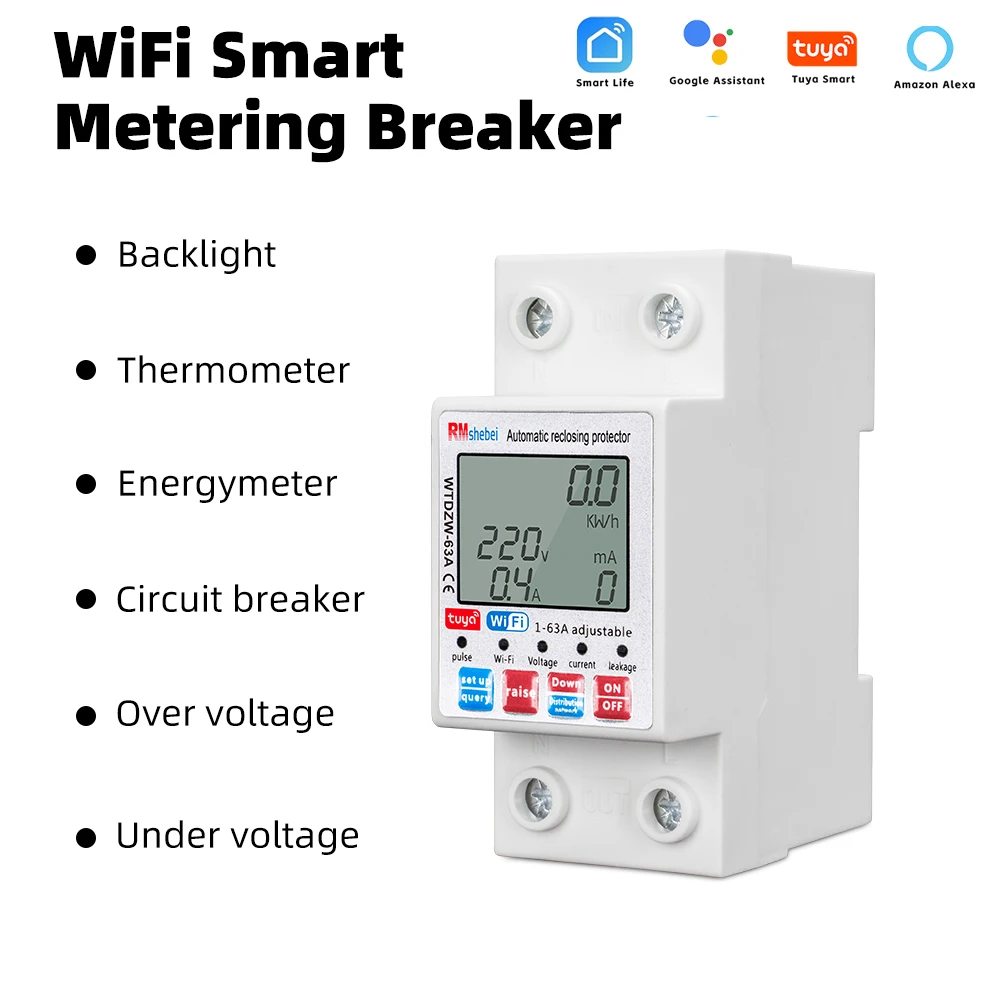 Tuya 스마트 계량 차단기, 자동 재폐로 보호 장치, 백라이트, 조정 가능한 누전 과전압, WiFi, MCB, 6
