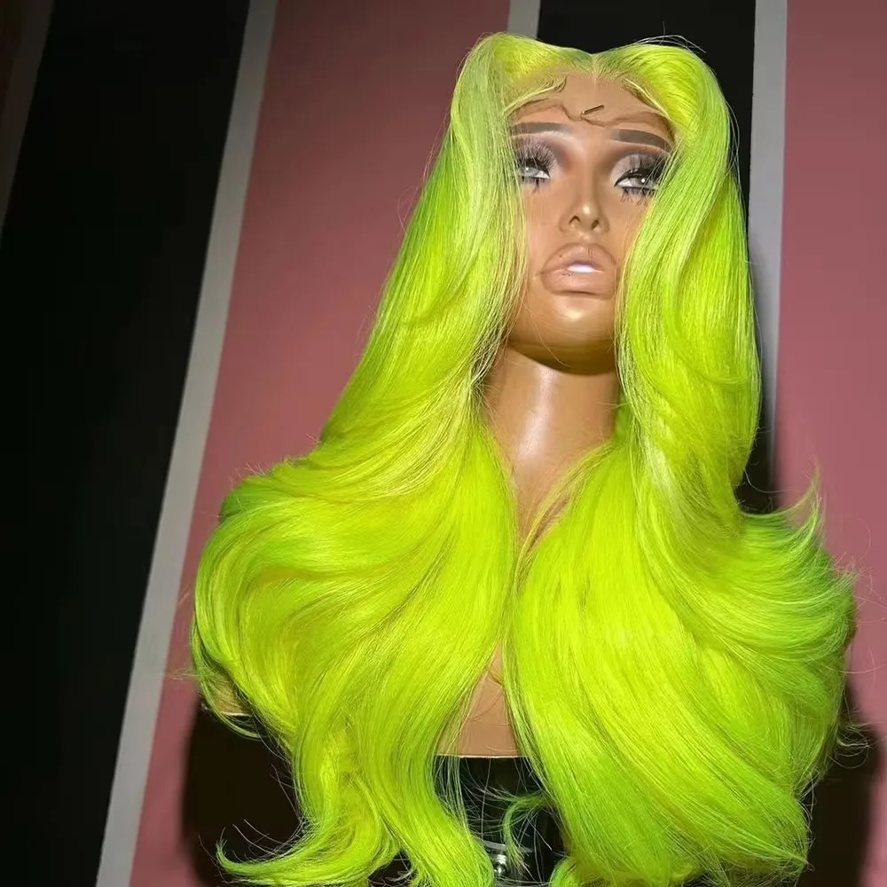 MXWIGS Synthetic Hair Neon Yellow Green Body Wave Lace Front Wig For Black Women Cosplay Long Glueless  Heat Resistant Fiber