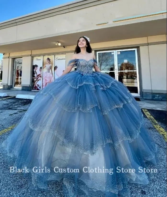 Princesa Azul Prom Quinceanera Vestidos, Espartilho sem alças, Guarnição de renda, Vestido A-Line até o chão, Elegante, Mexicano, 15 Anos