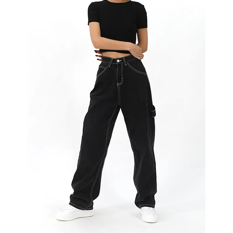 

Women Black Vintage Baggy Straight Jeans Street High Waist Mopping Wide Leg Pants Fashion Casual Denim Trouser Ladies Summer