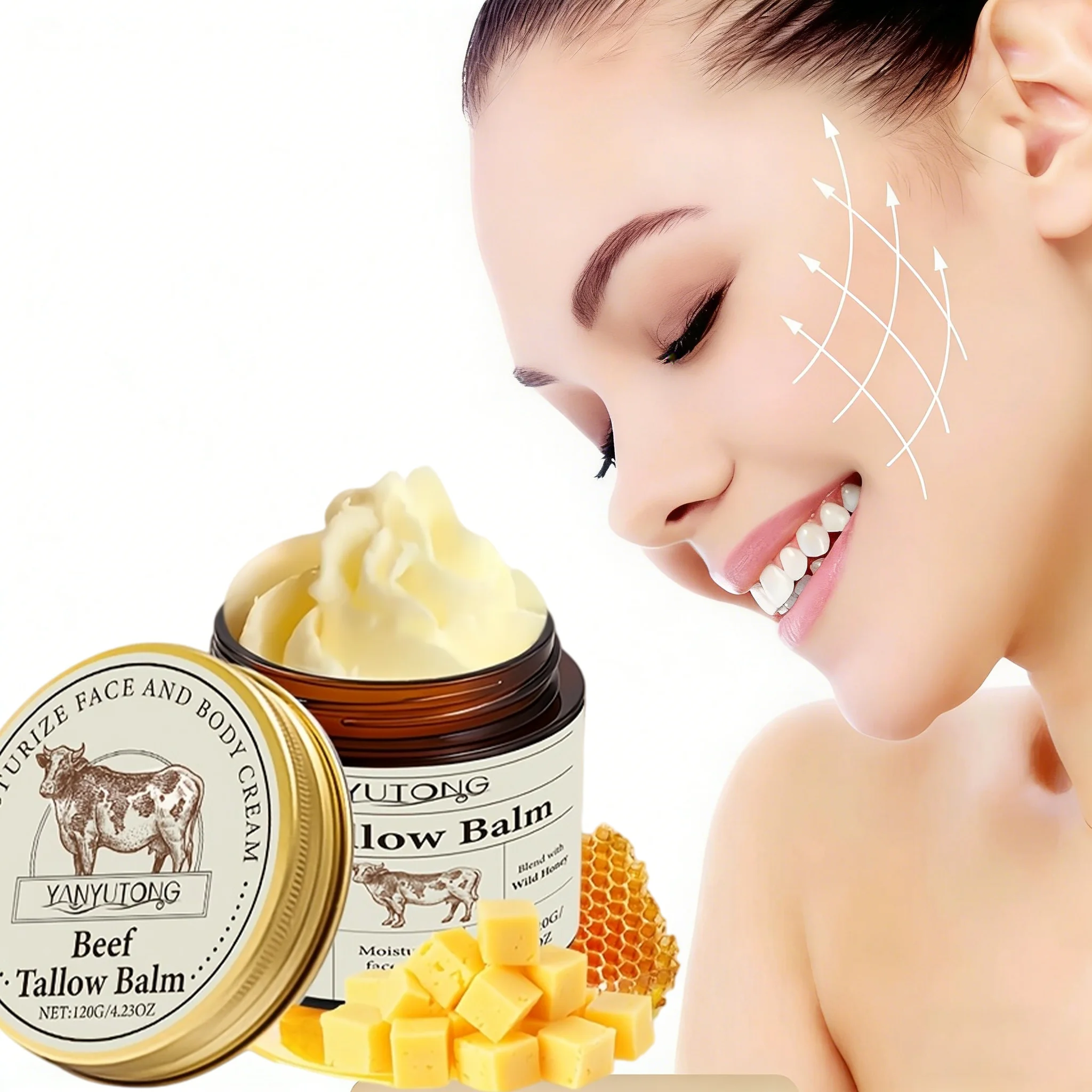Beef Tallow Honey Balm Moisturizing Hydrating Face Cream Body Lotion Fades Fine Lines Tighten Soothen Brightening Facial Skin