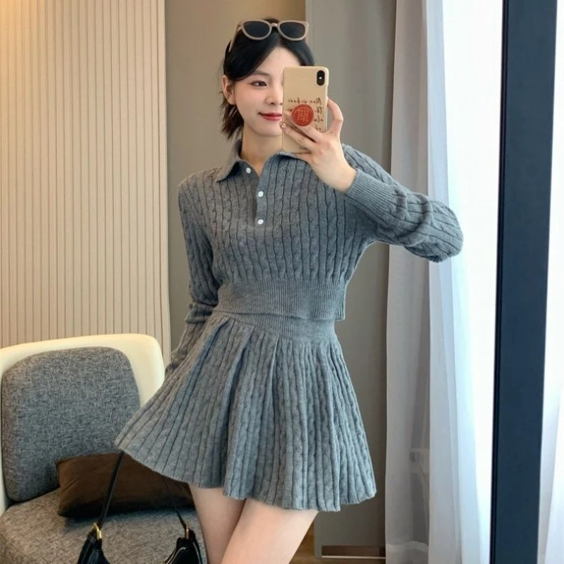 Sweater Short Dresses Women Autumn Korean Fashion Preppy Style Knit Two Pieces Set Female Casual Solid Color Pleated Skirt Suit