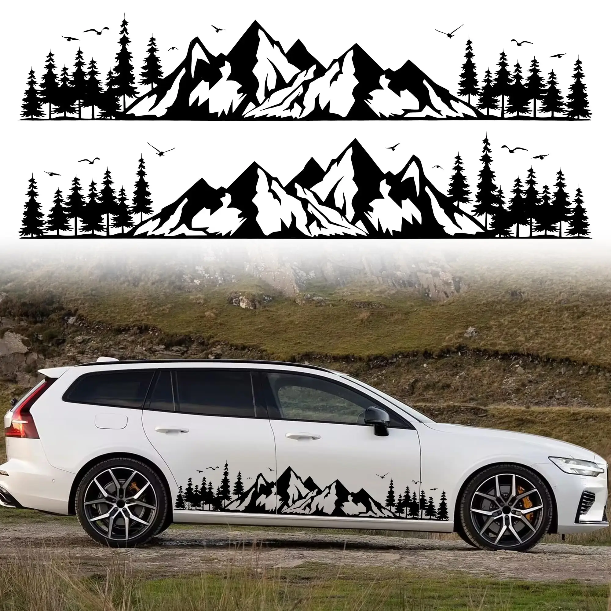 

Medium Black Vinyl Mountain And Pine Forest Decal Set For Car Doors Sides SUV Truck Camper Off-Road Vehicle Decoration