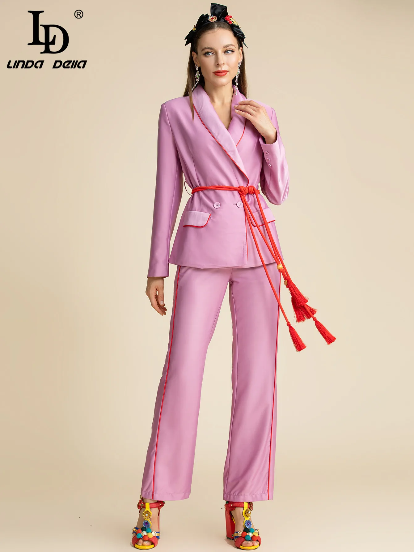 LD LINDA DELLA Fashion Designer Autumn Purple Pants Suit Women\'s Slim Long sleeve Belted Blazer and Pants Two Pieces Sets