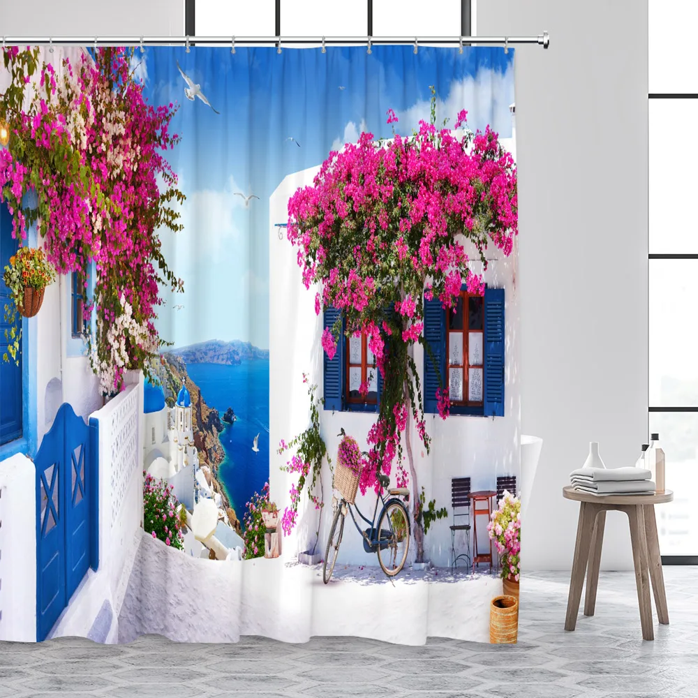 Greek Mediterranean Shower Curtain Purple Flowers Blue Door Window White Architecture Nature Landscape Bathroom Curtains Decor