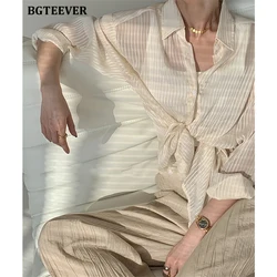 BGTEEVER Stylish Turn-down Collar Ladies Striped Shirts Fashion Summer Loose Full Sleeve Single-breasted Female Chiffon Blouses