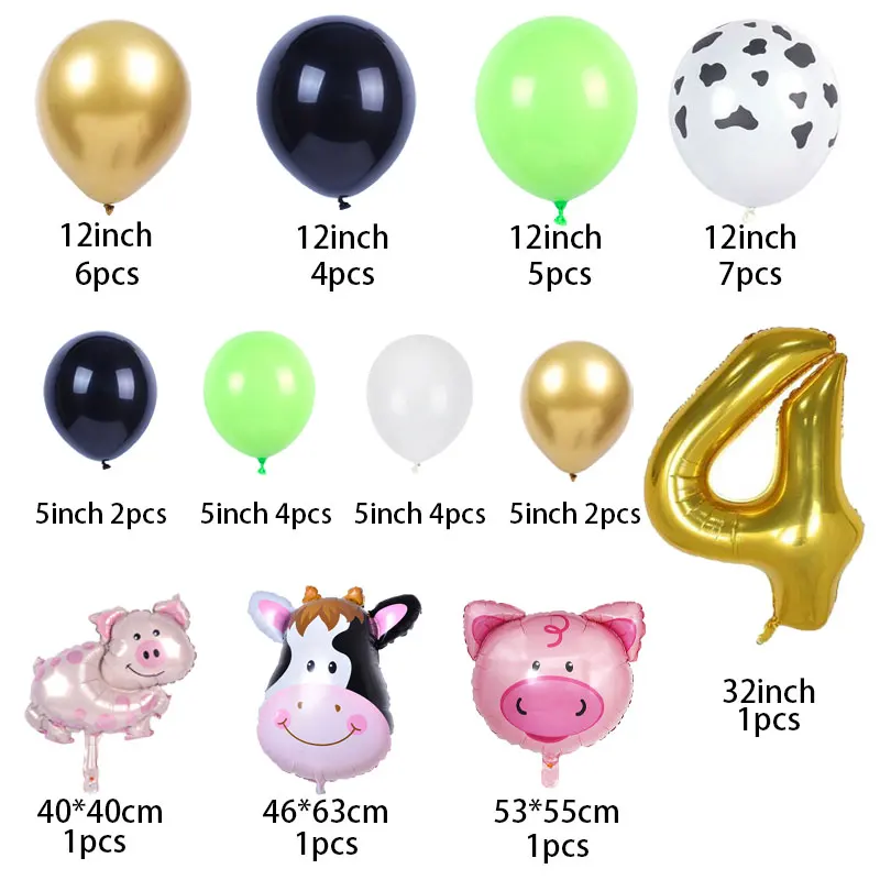 38pcs Farm Theme Birthday Party Balloons Set Cute Cow Pig Number Balloon Set Farm Party Kids 1 2 3 4th Birthday Party Decoration