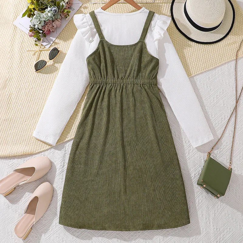 2024 Clothing Set Girls Long Sleeve Ruffles White T-shirt Corduroy Green Dress 2 Pcs Sets Casual Girls Clothes Set 8-12T