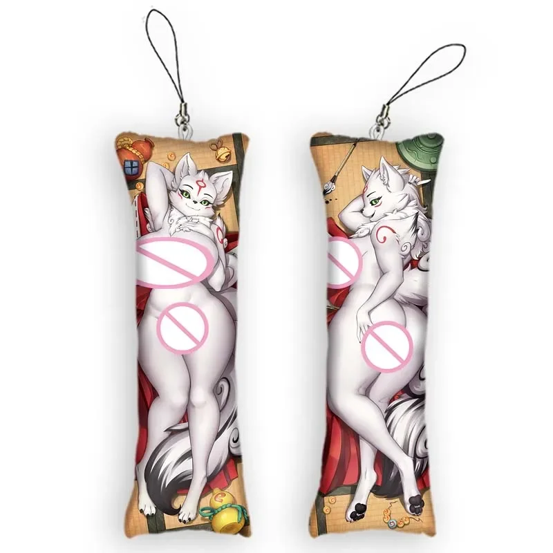 Mini Dakimakura Anime Amaterasu (okami) Keychain Pendant Double-Sided Print Hanging Ornament Cute Small Body Pillow Key Chain