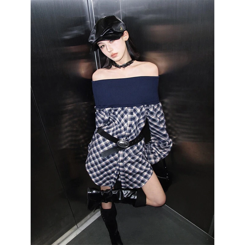 

MEXZT Vintage Plaid Shirts Women Y2K Harajuku Sexy Slash Neck Patchwork Blouses Gyaru Korean Long Sleeve Casual Design Tops New