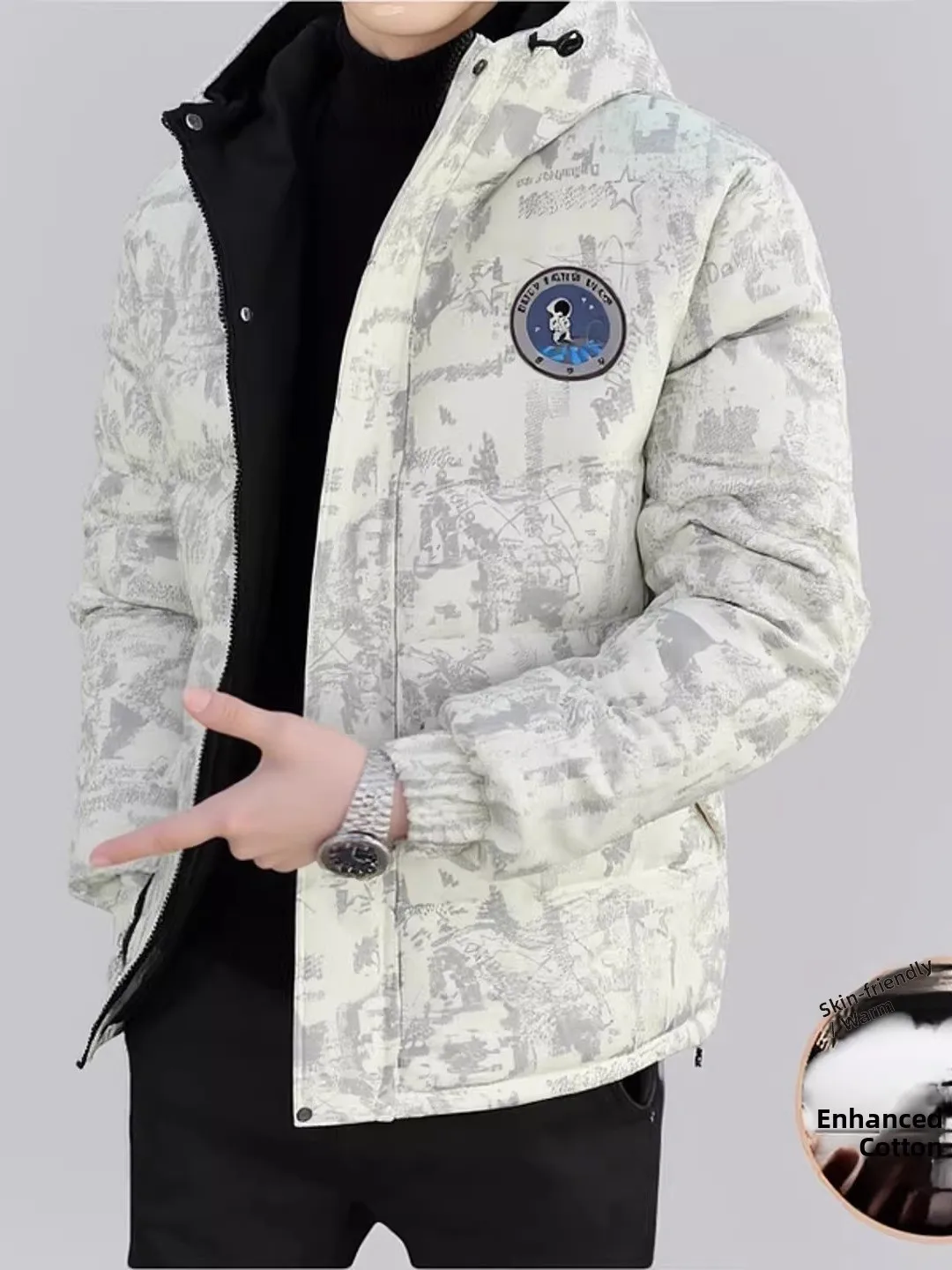 

Men's Thiened Hooded Cotton Jaet Winter Warm Print Anti-Cold Youth Trendy Haome Outerwear Faionable Winter Coat