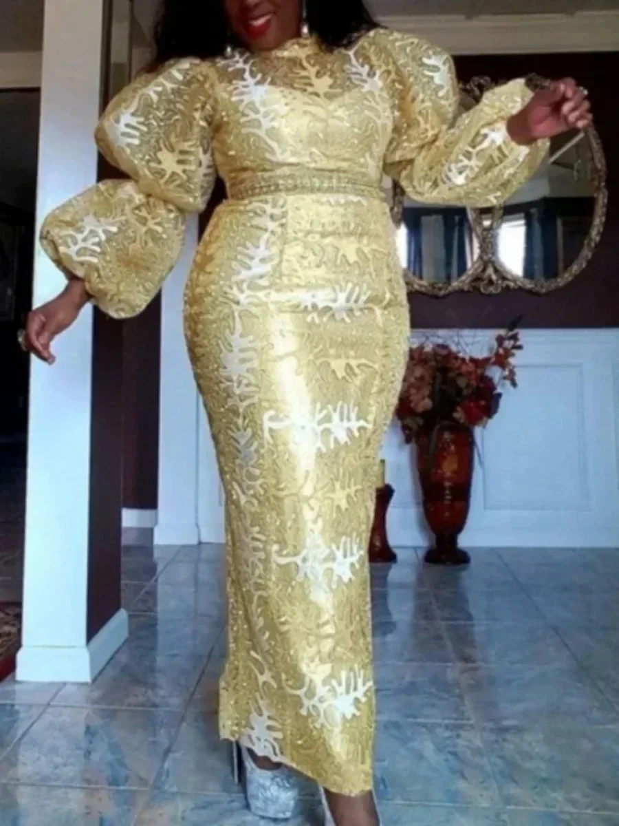 Gold Embroidery Sequin Dresses for Women Stand Collar Cute Puff Long Sleeve Luxury Midi Dress Modest Chic 2023 Party Event Gowns