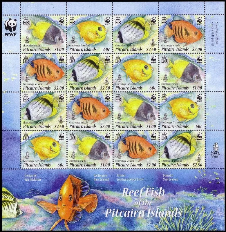 Ilhas Pitcairn, 2010, peixes coral, selo postal original real, WWF, MNH