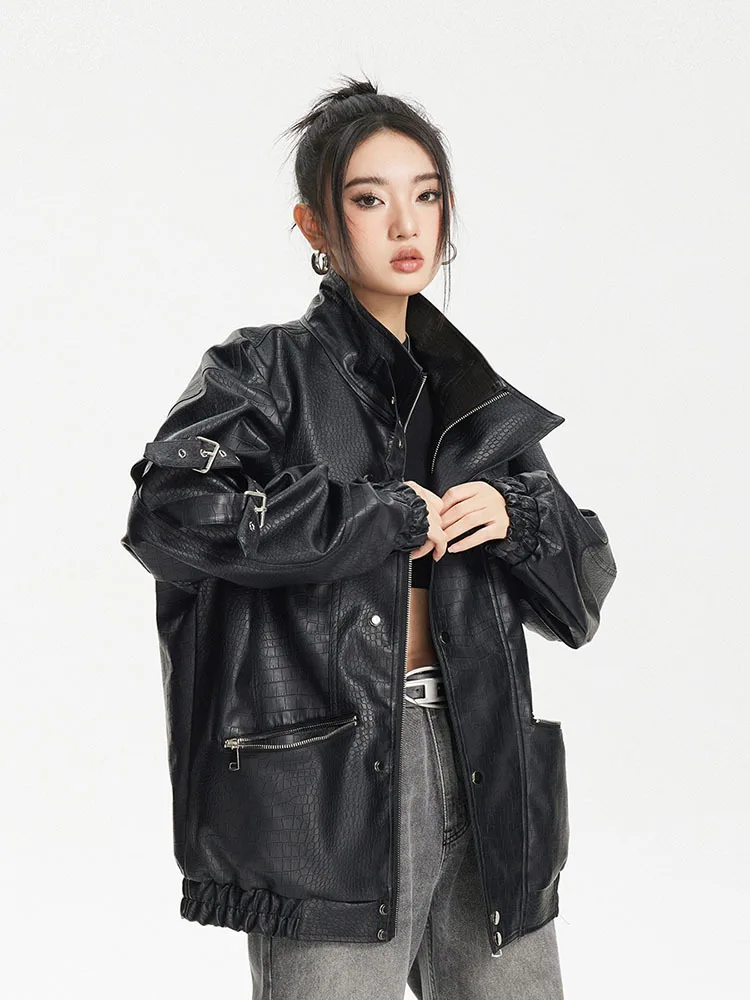 Spring Autumn Oversized Cool Windproof Thick Black Pu Leather Jacket Women Zip Up Luxury Designer Unisex Clothes 2024