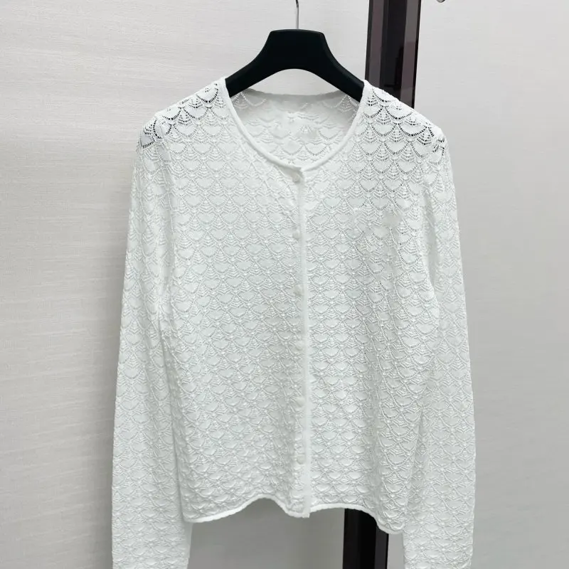 Soft Breathable Cutout Pattern Knit Crew Neck Long Sleeve Cardigan