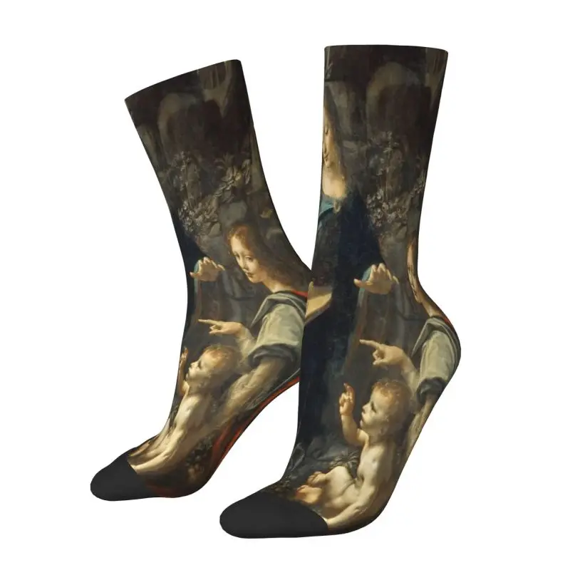 

Custom Virgin Of The Rocks By Leonardo Da Vinci Men Women Crew Socks Unisex Novelty 3D Print Painting Art Dress Socks