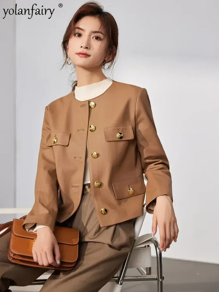 Manteau en peau de mouton naturelle pour femme, veste à boutonnage simple, col rond court, cuir véritable polyvalent, mode automne, nouveau, 2023, FCY