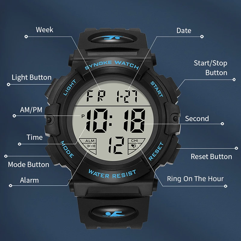 Men Sport Watch Multifunction 50M Waterproof Watches Luminous LED Digital Wristwatch Big Dial Student Electronic Clock