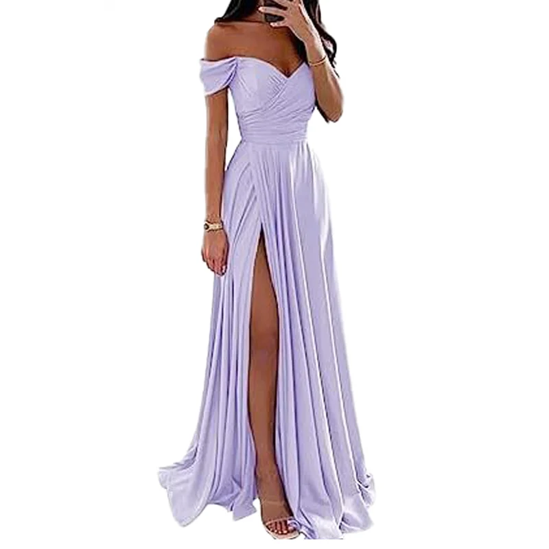 Womens Latest Bridesmaids Maxi Dresses with Off Shoulder Sleeveless V- Neck Slit Evening Gowns