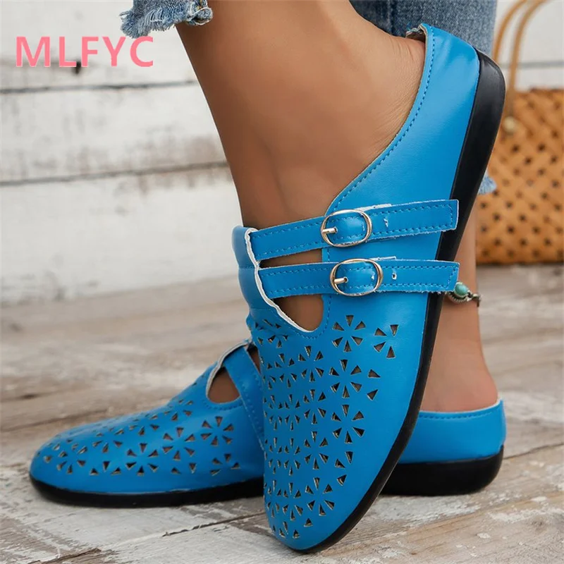 

Women Spring Summer New Flat Bottom Hollow Breathable Shoes Fashion Soft Bottom Lazy Man Baotou Slippers Ladies Single Shoes