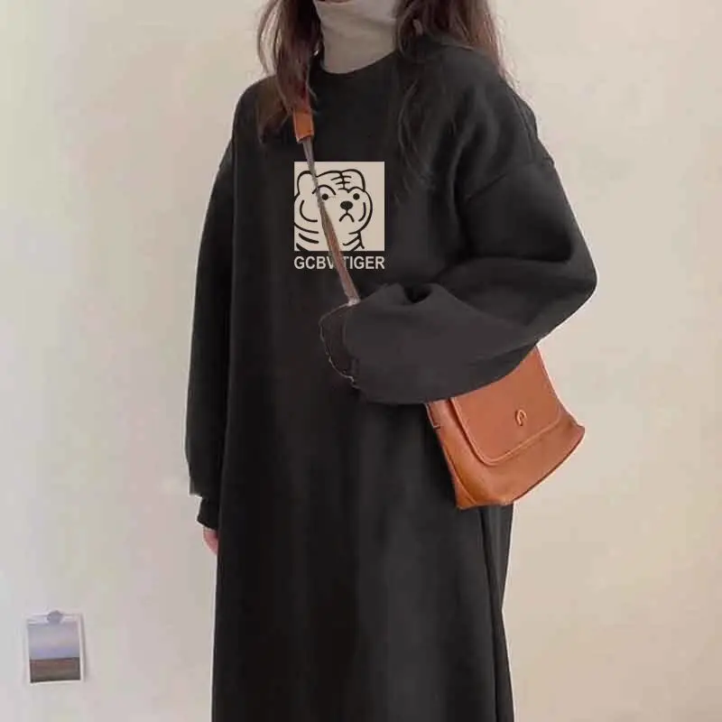 Fleece Thicken Women Autumn Winter Oversized Long Dress Print Cartoon Fashion Long Sleeve Female Clothing New Casual Dresses