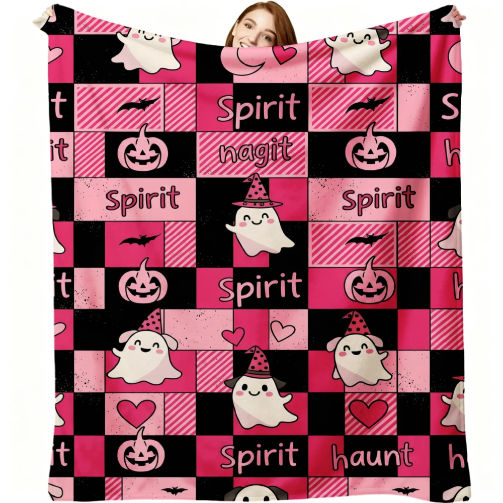 1pc Pink And Black Checkered Ghost Pumpkin Spirit Haunt Print Flannel Blanket Soft Comfortable Warm Bed Cover for Autumn Winter Bedroom Living Room Sofa Halloween Thanksgiving Christmas Festival Gift