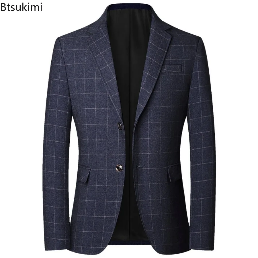 2024 Men's Formal Business Office Blazer Jacket Suits Plaid Middle Age Gentlemen's Wedding Evening Party Blazer Luxo Masculino
