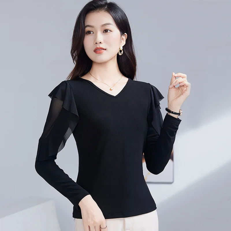 

Women's Fall Ruffle Hem Dance Blouse V-Neck Long Sleeve Soft Stretchy Material Perfect for Ballroom Training Daily Styling