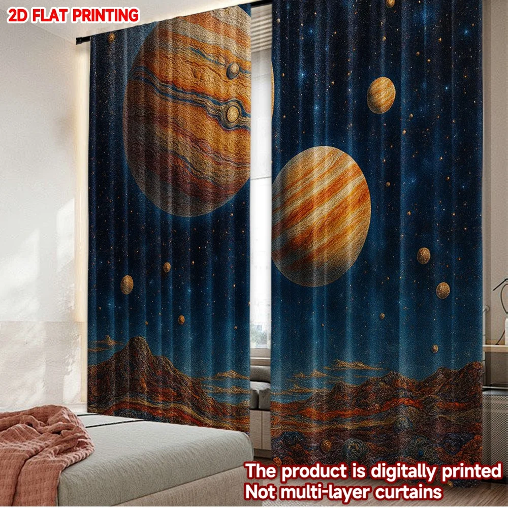 2D flat printing 2pcs Curtain Cosmic Planetary Landscape Digital Printed Polyester Drapes Festive Curtains Use for living room