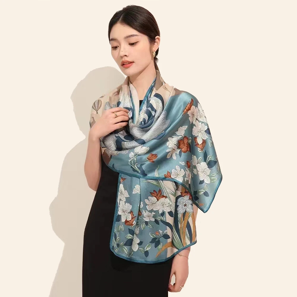 New Blue Women\'s 100% Mulberry Silk Scarf Shawl 175*52cm Brand Fashion Floral Design Long Scarves Wraps Fall Winter Headscarves