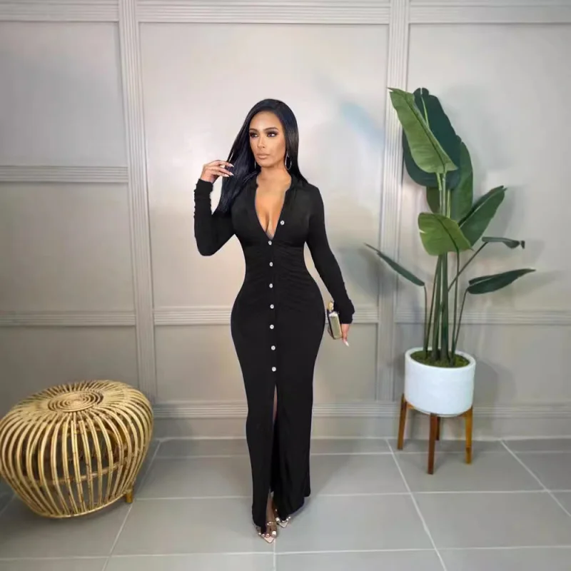 

2025New European and American 's Fashion Solid Color Single-Breasted Cardigan Sleeve Long Dress Women