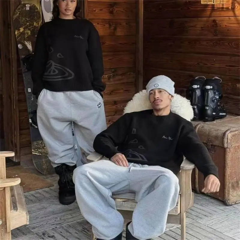 ストリートウェア プラネット ジャカード刺繍ロゴ クルーネックセーター メンズ レディース カップル カジュアル ニット ジャンパー