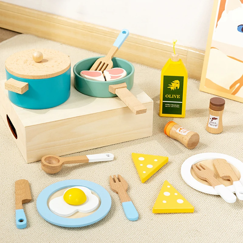 Lustige kinder Holz Geschirr Anzug Kreative Geschirr Spielen Haus Kochtopf Kochen Simulation Küche Spielzeug Geburtstag Geschenk