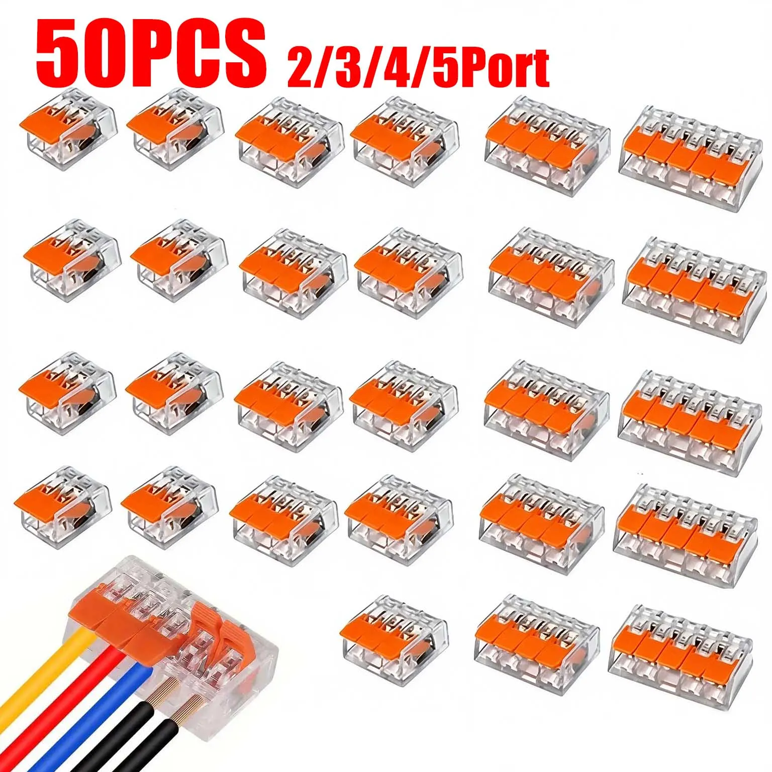 Electrical Cable Connectors Kit 50PCS 2/3/4/5 Port Lever Wire Connector Lever Wire Nut Quick Splice Terminal 32A 450V 0.15-4mm²
