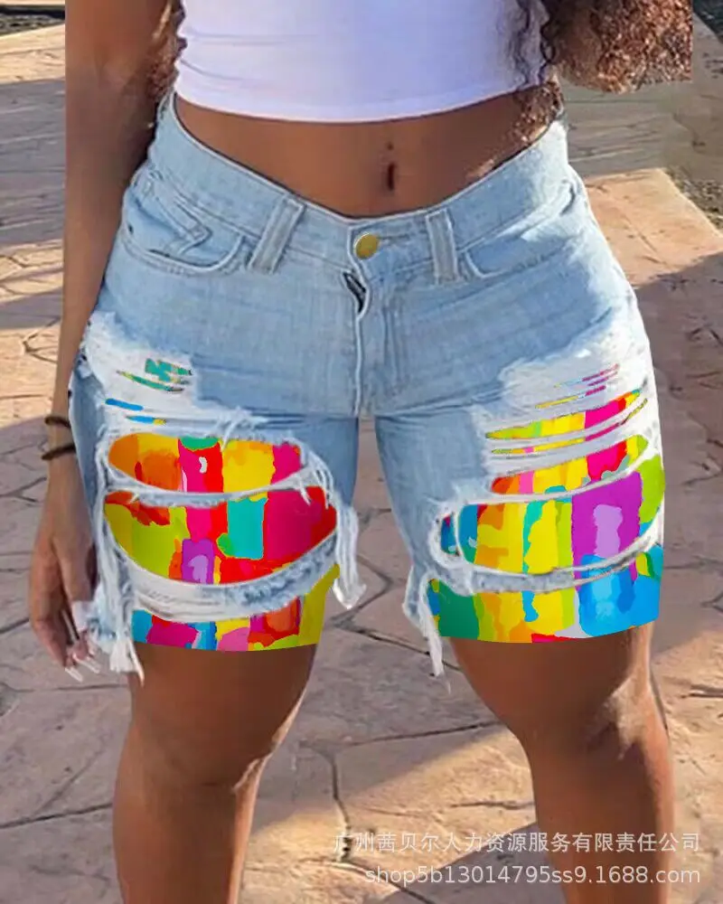 2025 American European Summer New Fashion Women's Slim Knee Length Hole Patched Denim Shorts Female Casual Trendy Denim Clothes