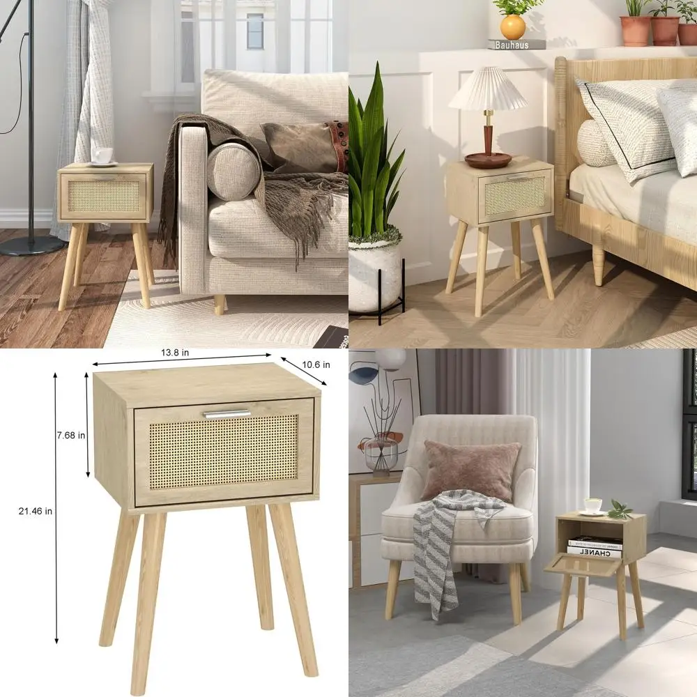 

Pair of Compact Boho Rattan Nightstands with Wooden Legs for Bedroom and Living Spaces