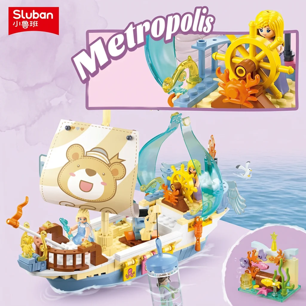 

287PCS Sluban Metropolis Treasure Hunt Sailboat Building Blocks Transparent Hull Adventure Boat With Figures Holiday Diy Gift