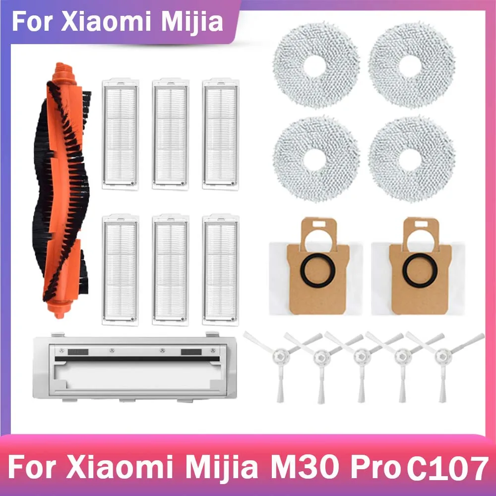 Peças de vácuo para Xiaomi Mijia, M30 Pro, C107, Rolo, Escova lateral principal, Filtro Hepa, Mop Pano, Saco de pó, Tampa Acessórios