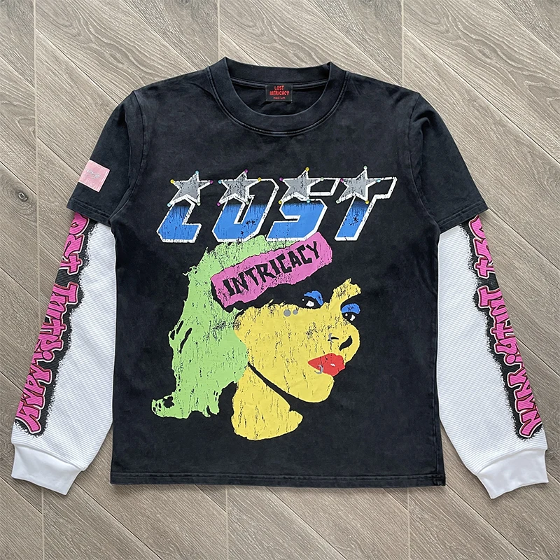 

Fake Two Pieces Lost Intricacy Embroidery Shinestone Colorful Girl Print T-shirt Men Women Black White Splice Washed T Shirt