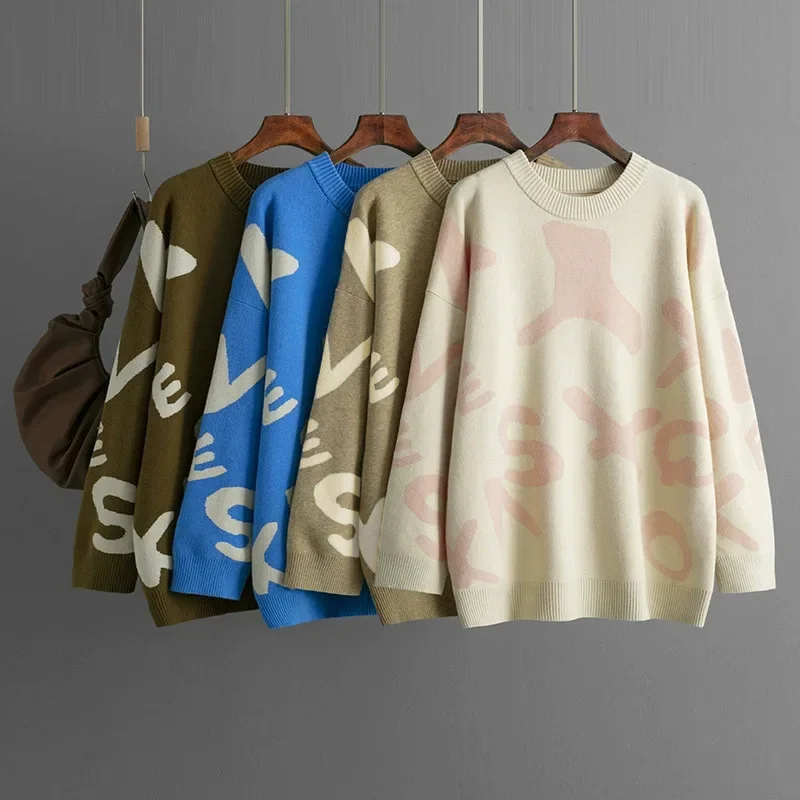 

2024 autumn and winter new knitted sweater women's medium and long jacquard loose bottoming shirt top