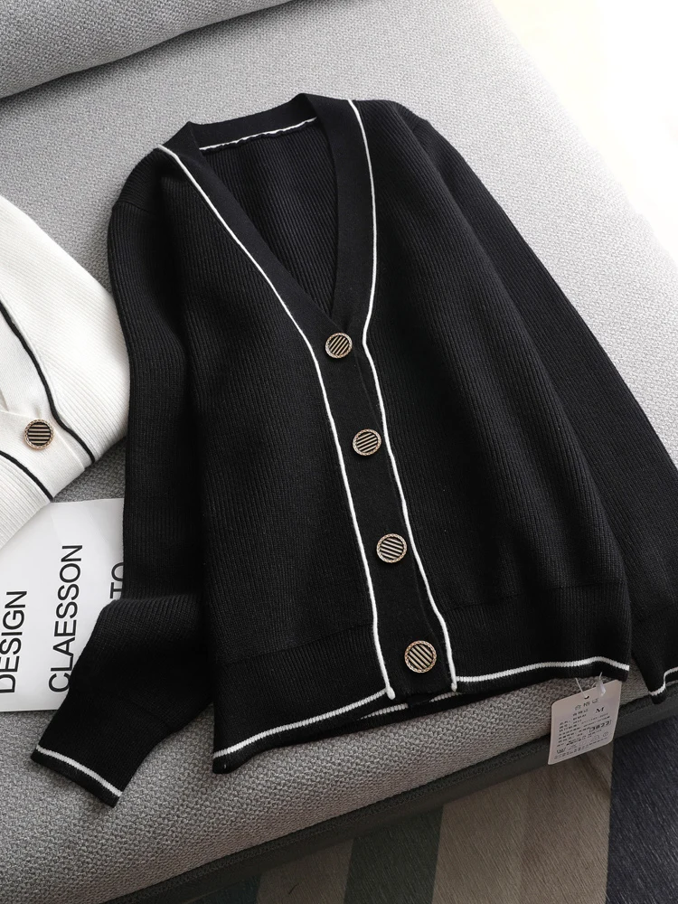 2021 white black solid Sweater cardigans jacket ladies new women thick sweater coat v-neck cardigan jacket coat outwear